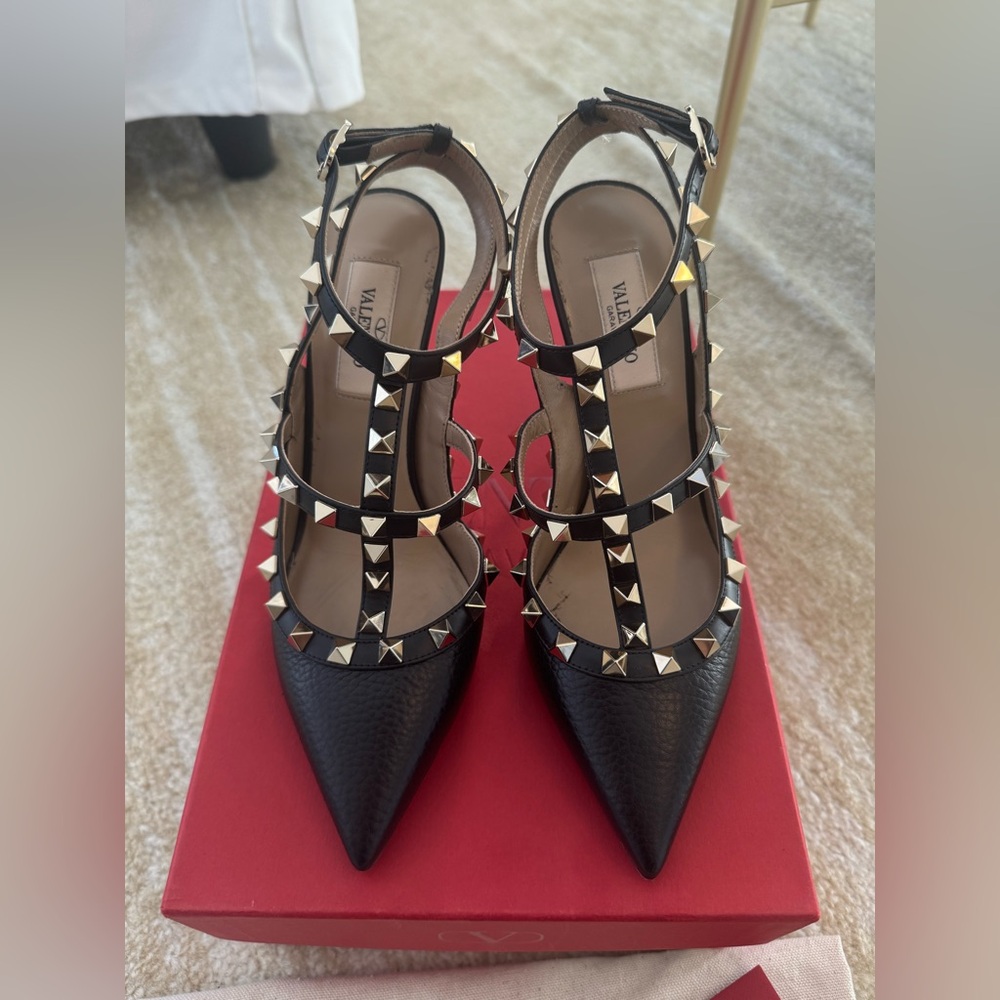 Valentino Black Rockstud Grainy Leather Ankle Strap Pump 100 MM Size 36.5